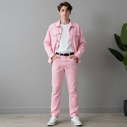 Photograph of a young man with curly brown hair, wearing a pink denim jacket, white shirt, pink pants, black belt, and white sneakers,