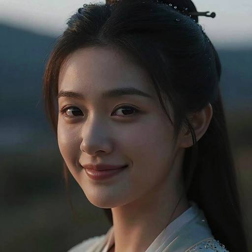 Photograph of a young Asian woman with fair skin, dark hair in an updo, subtle makeup, and a gentle smile, set against a blurred