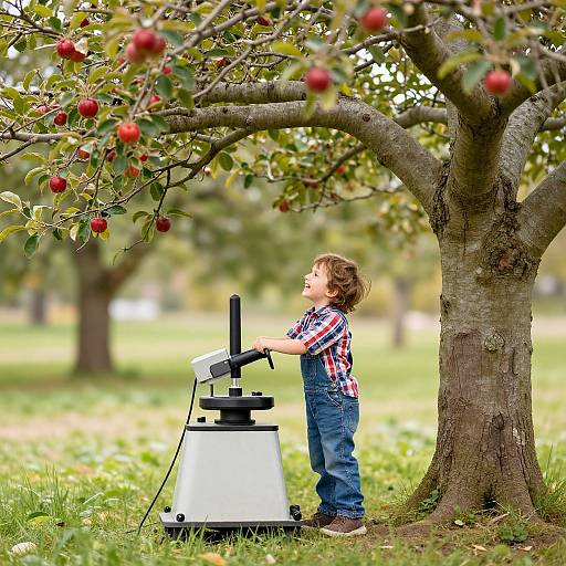 Photograph of a curly-haired boy in a plaid shirt and denim overalls, standing under an apple tree, using a fruit picker. Red apples