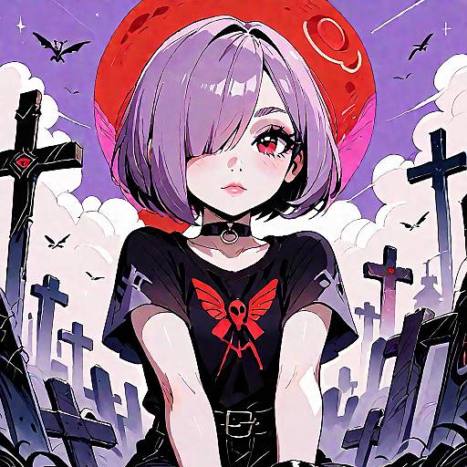 Gothic Anime Girl in Moonlit Graveyard