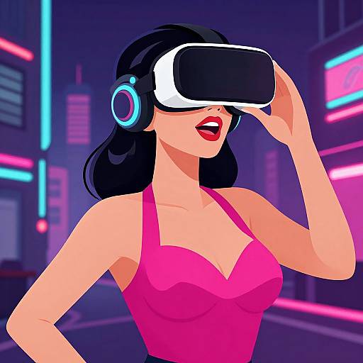 Digital illustration of a woman with black hair, wearing a pink tank top, VR headset, and blue headphones, smiling in a neon-lit cityscape