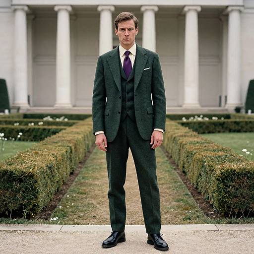 Photograph of a serious, fair-skinned man with short brown hair, wearing a dark gray three-piece suit, white shirt, purple tie, standing
