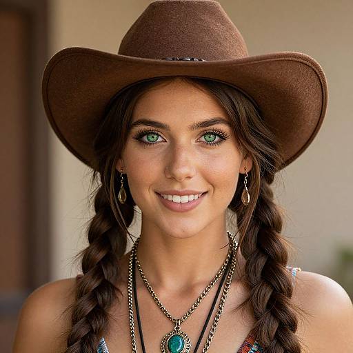 Photograph of a young woman with green eyes, wearing a brown cowboy hat, braided brown hair, hoop earrings, and layered necklaces, smiling