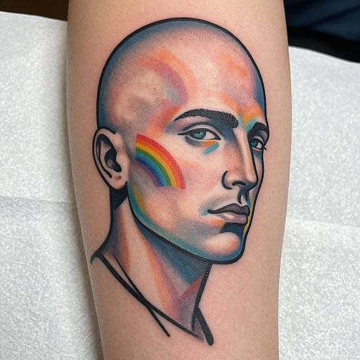 Colorful tattoo of a bald man's profile with rainbow facial markings, black outlines, on light skin, displayed on white towel background.