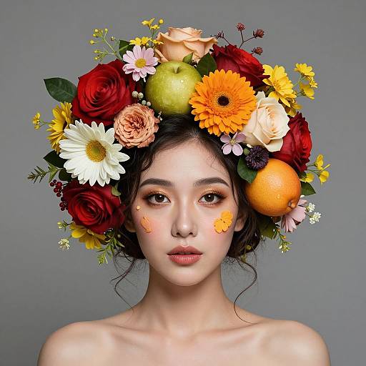 Digital portrait of an Asian woman with floral crown, featuring red roses, orange, apple, daisies, and yellow flowers, against gray background.