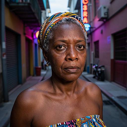 Photograph of an older, dark-skinned woman with short gray hair, wearing a colorful headscarf and patterned strapless top, standing in