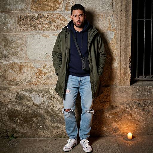 Photograph of a bearded man with short dark hair, wearing a green jacket, black hoodie, ripped jeans, and white sneakers, standing against a