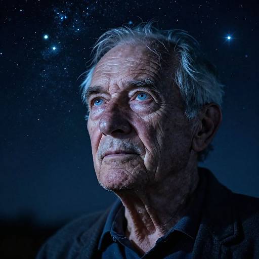 Photograph of an elderly man with white hair and blue eyes, gazing upward into a starry night sky, illuminated by a blue light. Deep