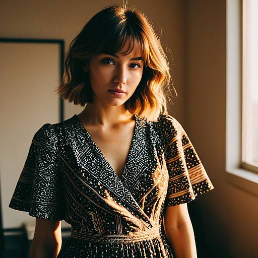 Young Woman with Short Layers Hairstyle and Patterned Dress
