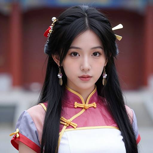 Photograph of an East Asian woman with long black hair, wearing a red and white traditional Chinese cheongsam, adorned with gold hairpins and earrings