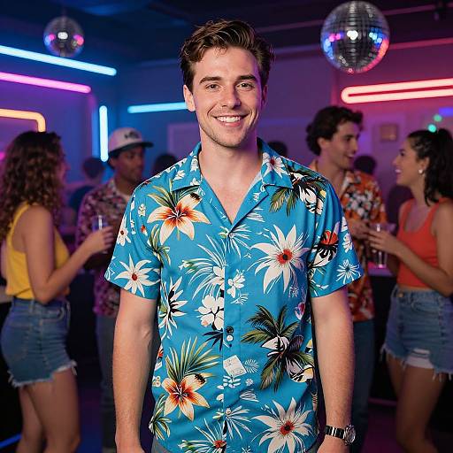 Photograph of a smiling young man in a blue floral shirt, standing in a neon-lit nightclub with dancing people, disco ball, and vibrant colors