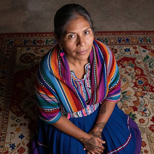 Photograph of an Indian woman with medium brown skin, wearing a colorful striped blouse and blue skirt, seated on an ornate rug, hands adorned with