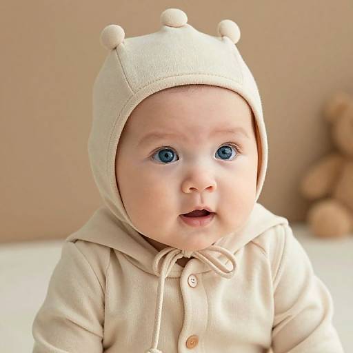 Crowned Blue-Eyed Baby in Beige Hood