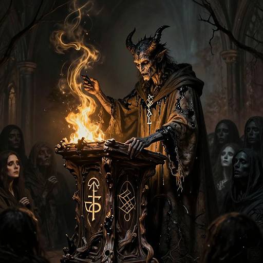 Digital artwork of a demonic figure with black horns, glowing eyes, and dark robes, conjuring fire from an ornate, rune-etched pedestal in