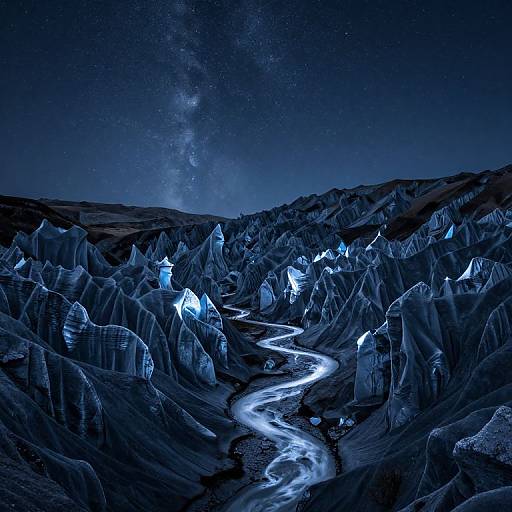 Photograph of a moonlit, starry night desert landscape with glowing blue rock formations and a winding river illuminated by moonlight.