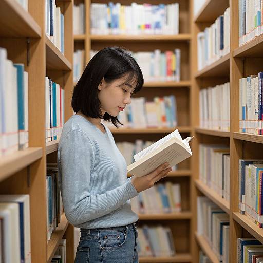 Young Asian woman with shoulder-length black hair, wearing a light blue sweater and jeans, reads a book in a wooden library aisle.