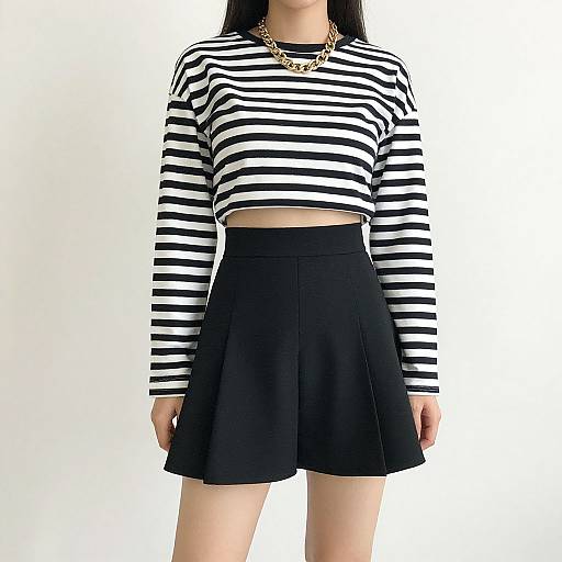 Photograph of a woman with long black hair, wearing a black-and-white striped crop top, black high-waisted skirt, and gold necklace,