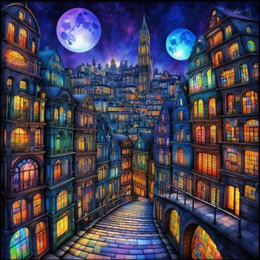 Fantasy Cityscape with Two Moons