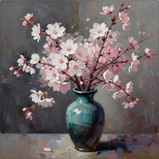 Impressionist-style painting of a blue ceramic vase holding pink cherry blossoms, with a dark, textured background. Bright, delicate flowers contrast with the