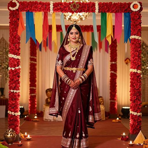Photograph of a stunning Indian bride in a black and gold traditional saree, adorned with jewelry, standing in a vibrant floral archway with colorful flags