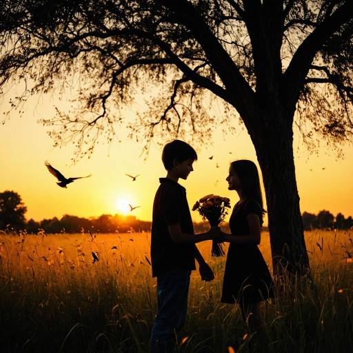 Silhouette of Boy and Girl at Sunset