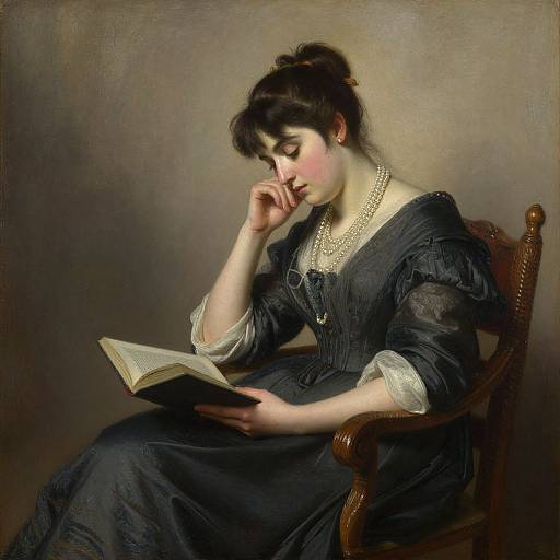 Classical oil painting of a pensive woman with dark hair in an updo, wearing a black dress and pearl necklace, reading a book while seated