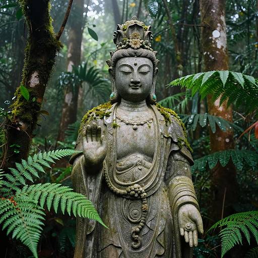 Photograph of a serene stone Buddha statue in a lush, moss-covered forest, surrounded by ferns and tall trees, with sunlight filtering through the canopy