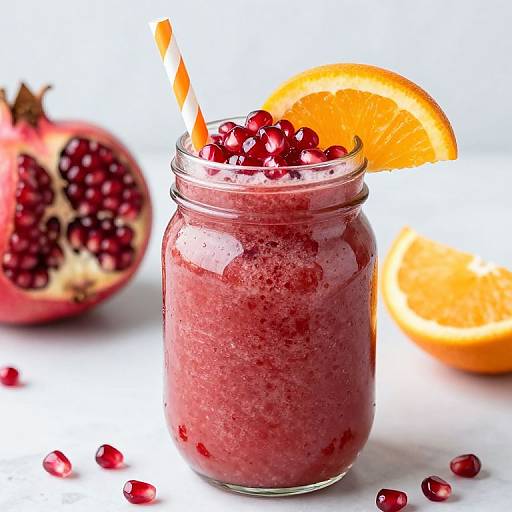 Photograph of a pink pomegranate smoothie in a mason jar with a striped straw, orange slice, and pomegranate half