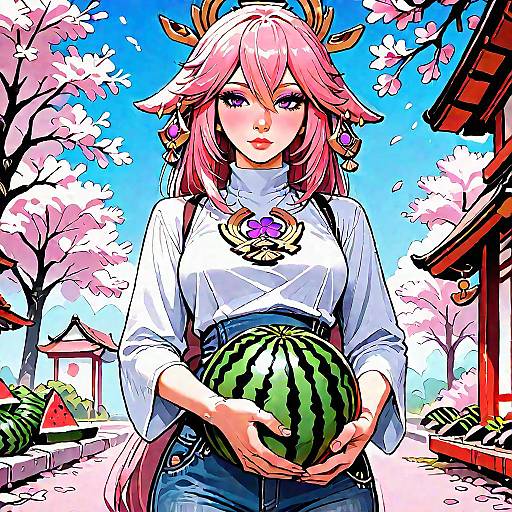Cherry Blossom Yae Miko in Watermelon Print