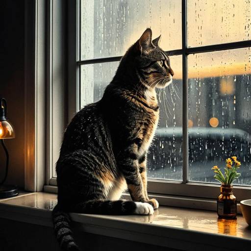 Gray Tabby Cat on Rainy Windowsill