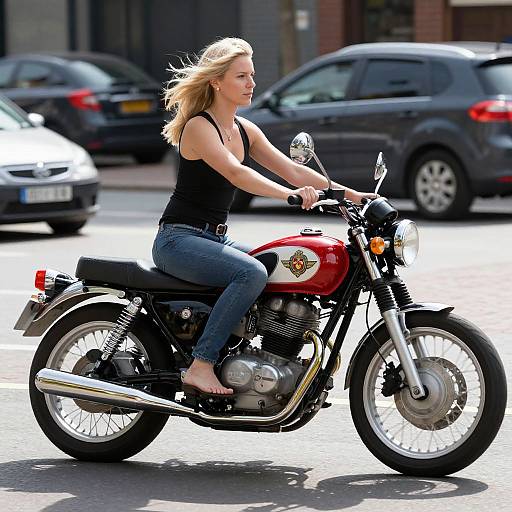 Photograph of a blonde woman with wind-blown hair, wearing a black tank top and blue jeans, riding a red motorcycle through a city street with