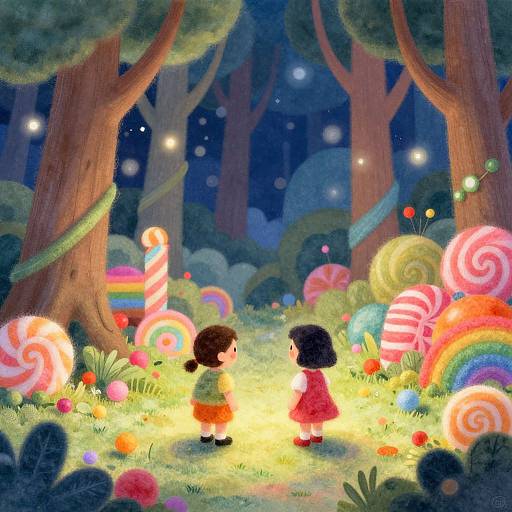 Whimsical digital illustration of two children with black hair, in red and yellow outfits, standing in a glowing, enchanted forest filled with colorful candy-like