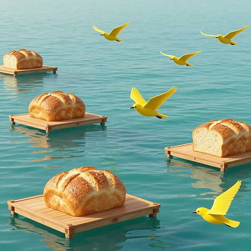Surreal Floating Platforms with Bread Birds