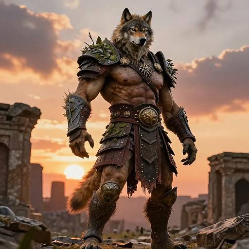 Anthropomorphic Wolf Warrior on Ruins