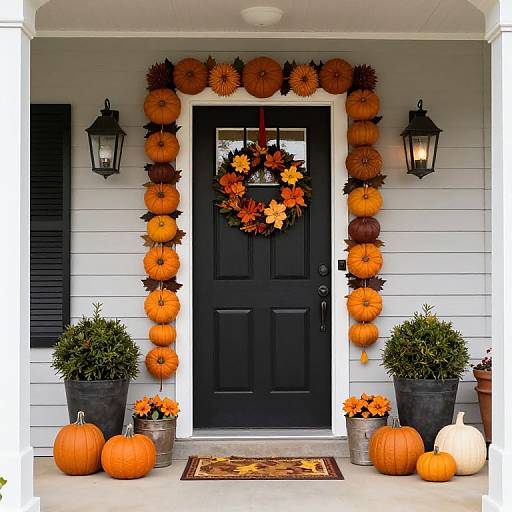 Photograph of a black front door adorned with orange pumpkins, autumn leaves, and a wreath, flanked by black lanterns and potted