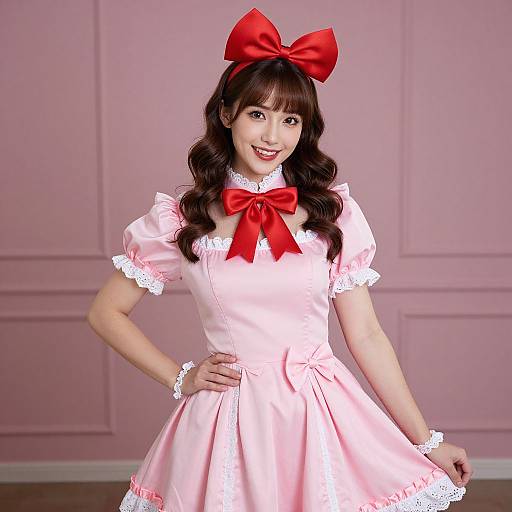 Asian woman with long, wavy brown hair in a pink satin dress with white lace trim, red bow, and matching red headband, smiling against