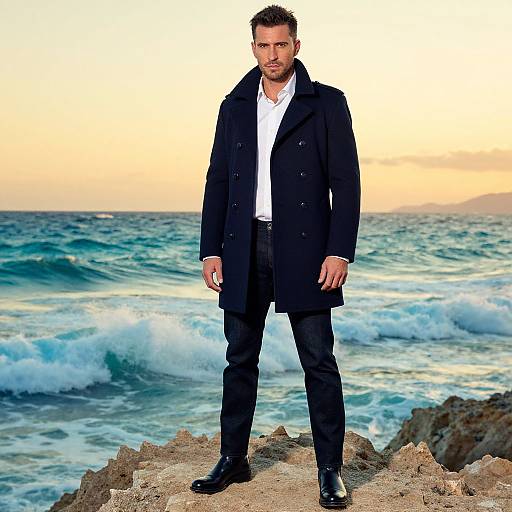 Photograph of a handsome, bearded man in a black coat, white shirt, black pants, and boots standing on rocky coastal shore with waves and