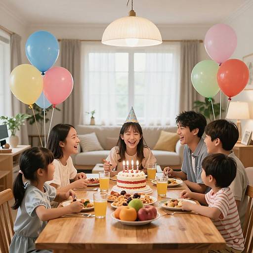 Photograph of a happy Asian family celebrating a birthday at a wooden dining table with balloons, cake, and fruit, under a bright, softly lit room