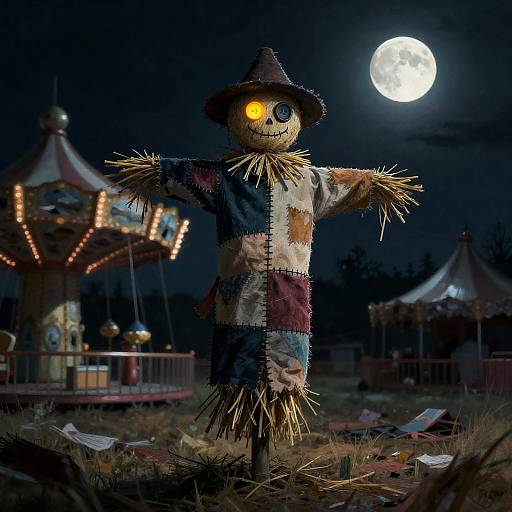 Patchwork Scarecrow at Moonlit Abandoned Fairground