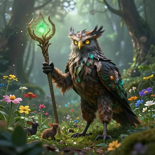 Digital fantasy artwork of a majestic, owl-like creature with glowing yellow eyes, holding a glowing staff, standing in a vibrant forest meadow with colorful flowers