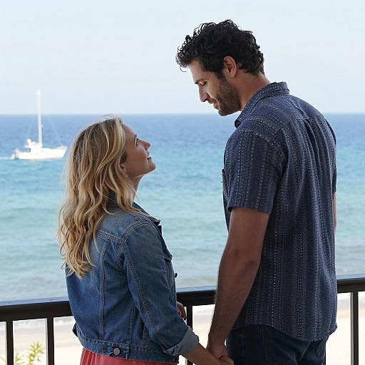 Couple Holding Hands on Balcony Overlooking Ocean