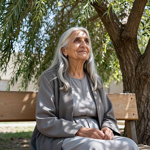 Photograph of an elderly woman with long, silver hair, wearing a gray dress and jacket, sitting on a wooden bench under a leafy tree,