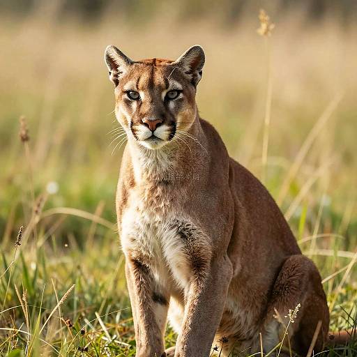 Alert Cougar Sitting in Sunlit Meadow