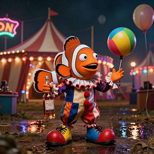 Photograph of a colorful, cartoonish clownfish in a striped jester outfit, holding a rainbow balloon and ticket, at a nighttime circus with a