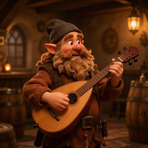 Jovial Dwarf Bard in Tavern