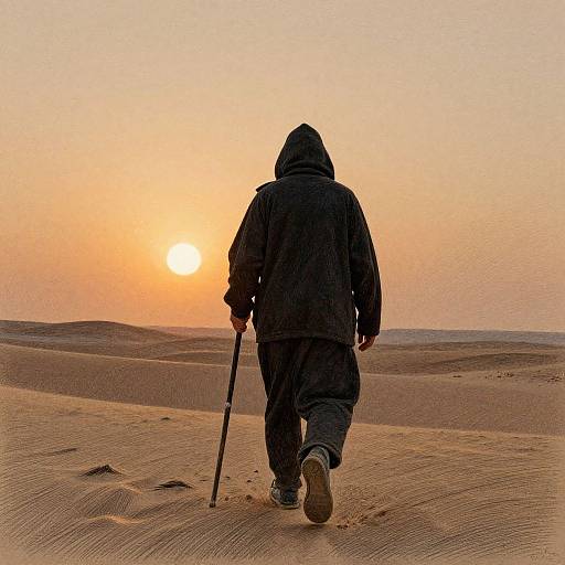 Photograph of a solitary figure in black hooded jacket and pants, using a cane, walking away from a glowing sunset over a sandy desert.