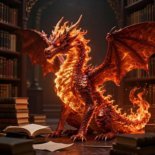 Photorealistic digital art of a fiery red dragon with glowing eyes and wings, sitting among stacks of books in a dark, gothic library. Flames