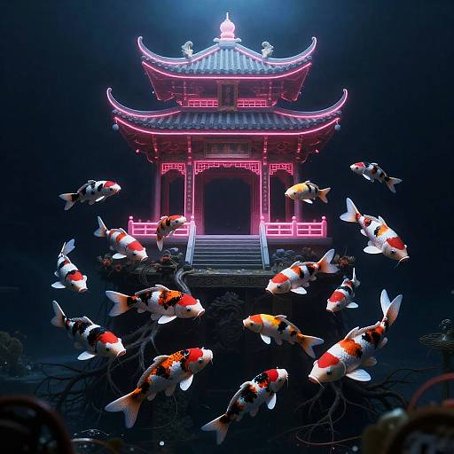 Cybernetic Koi Swarm Around Neon Sunken Shrine