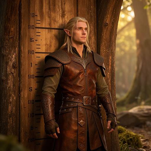 Photorealistic fantasy image: Blonde, pointy-eared elf in brown leather armor leaning against a wooden measurement chart in a sunlit forest.