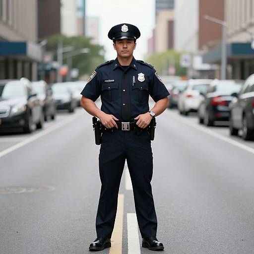 Photograph of a stern-faced male police officer in full uniform, standing in the middle of a busy city street with cars parked on either side.
